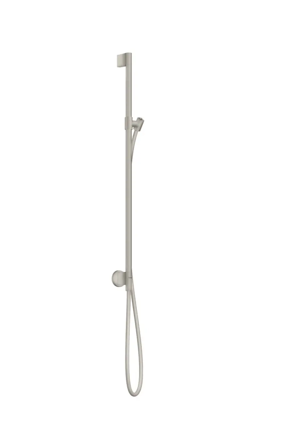 Edelstahl-Duschsystem mit Wandanschluss und Schlauch, ausgestattet mit Handbrause, gefertigt von AXOR. Geeignet für moderne Badezimmerlösungen.
